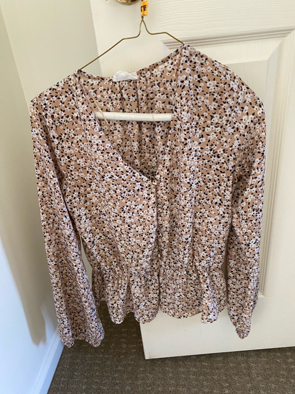 Sienna Sky Tan and White Floral Peplum Blouse